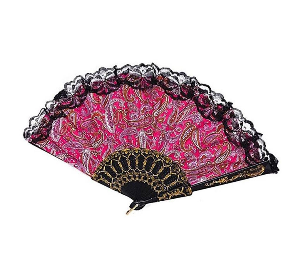 Pink Floral Fabric Lace Pocket Fan 