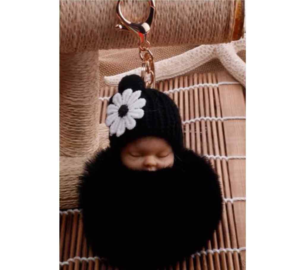 Sleeping Baby Doll Fluffy pom pom Keychain Keyring