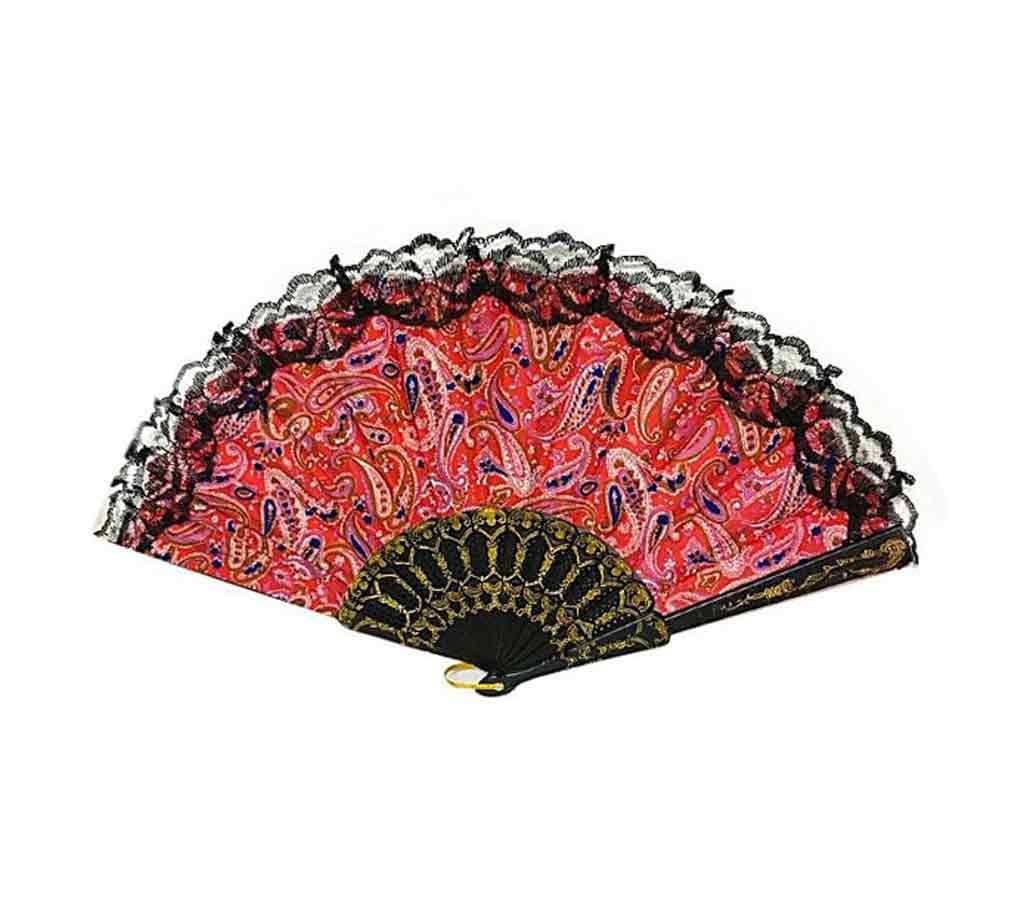 Red Floral Fabric Lace Pocket Fan 