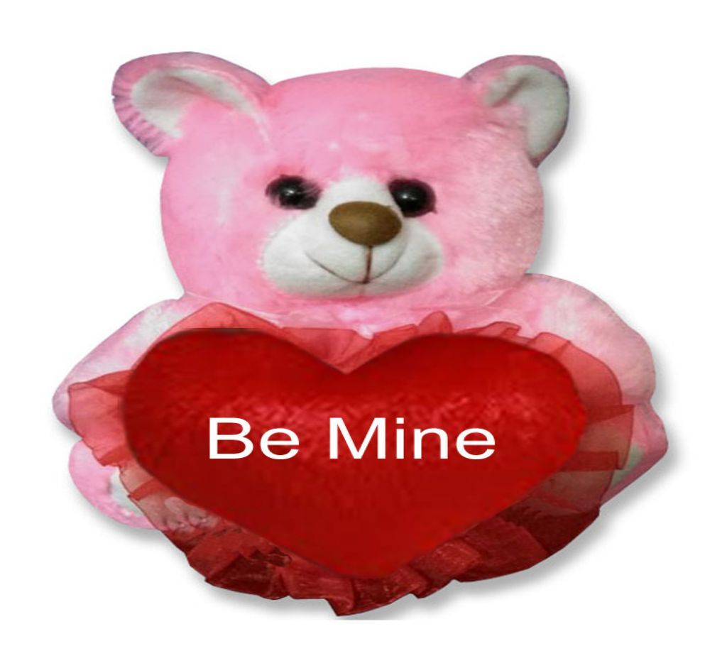 Pink color Teddy bear with red heart and the text "Be Mine"