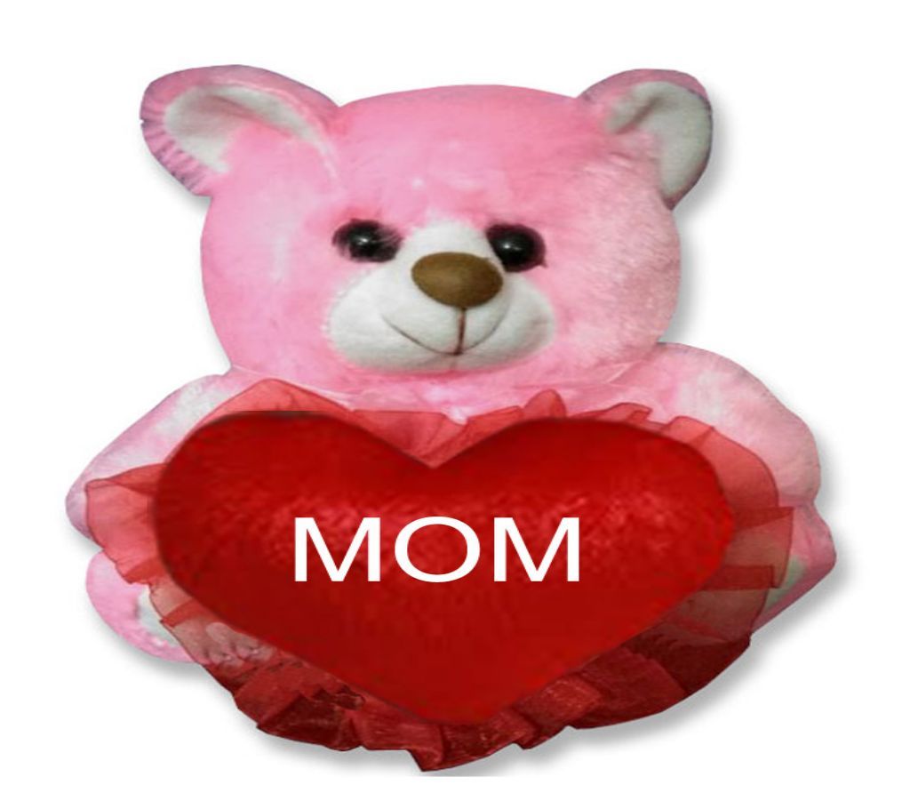 Pink color Teddy bear with red heart and the text "MOM"