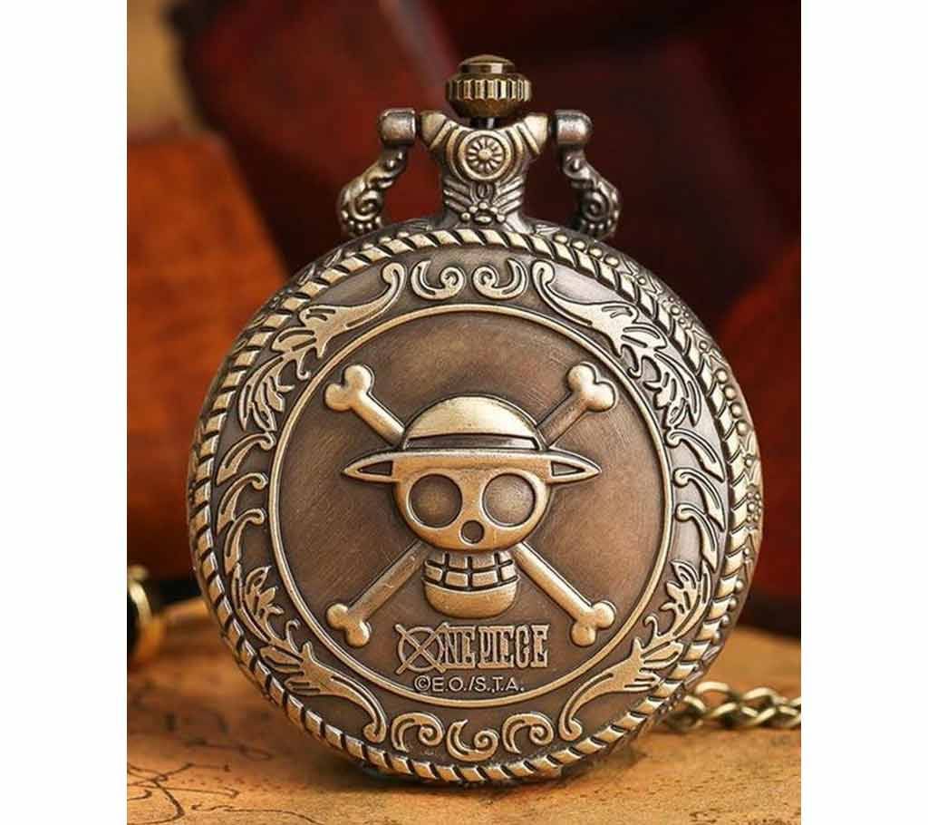 Unisex Vintage Bronze Pirate Skull Pattern Quartz Pocket Watch Pendant Necklace OnePiece Luffy