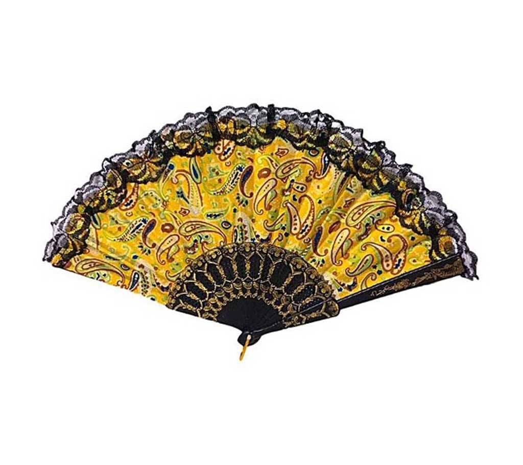 Yellow Floral Fabric Lace Pocket Fan Gift 