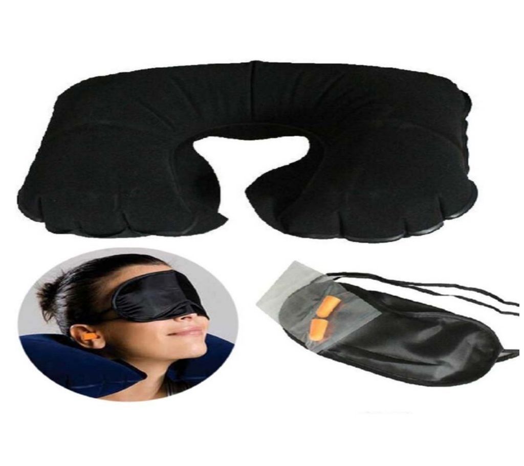 Three Tourists Treasures- Eye Cover, Ear Plug and Neck Pillow 3-in-1 Travel Set