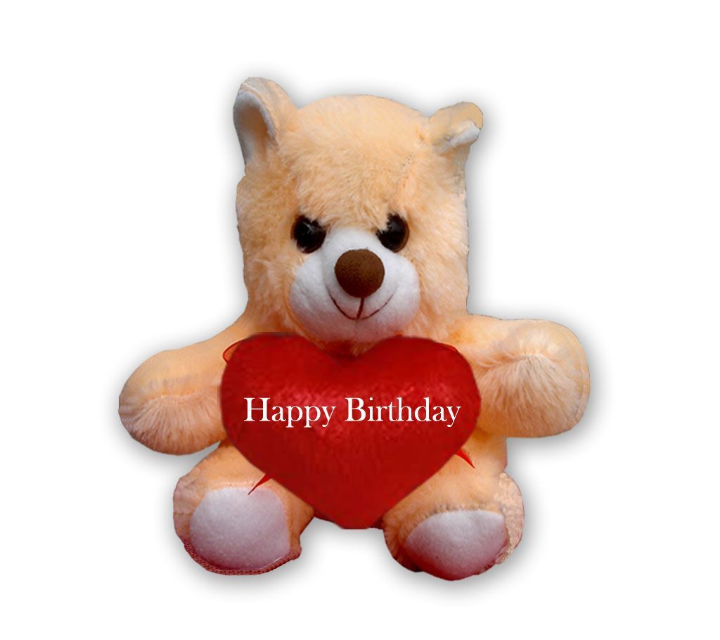 Off white Teddy bear with red heart and the text "Happy Birthday"