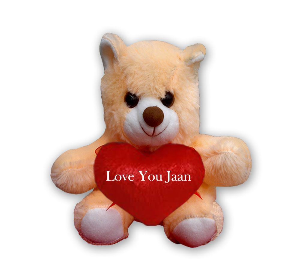 Off white Teddy bear with red heart and the text "Love You Jaan"