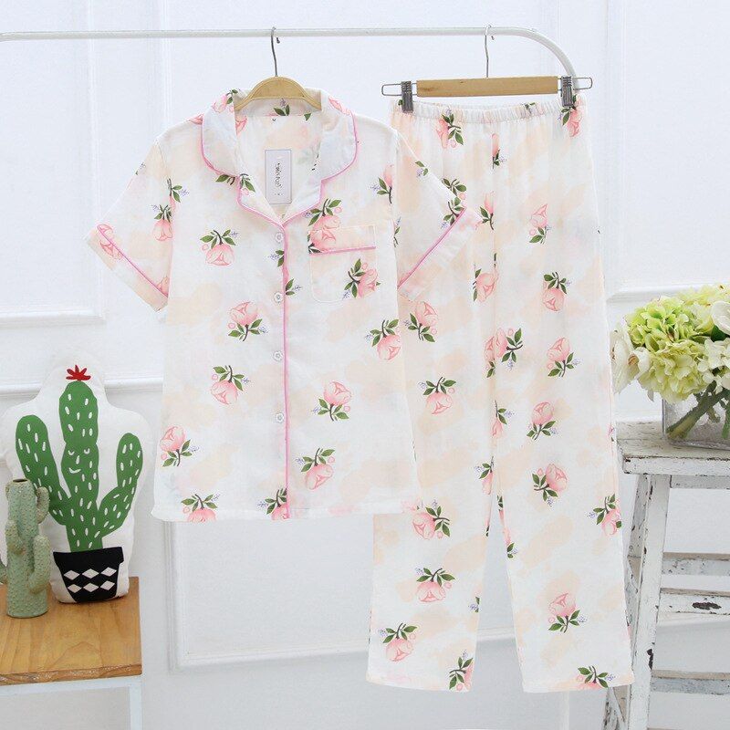 Jnese style simple short women female 100% cotton gauze short sleeve trousers ladies pajamas suit cute pajamas sets home
