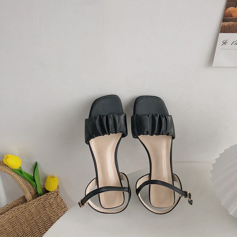 Square Heel Womens Sandals Summer New Korean Pleated Ankle Buckle Casual High Heels Sandals Simple Rome Shoes