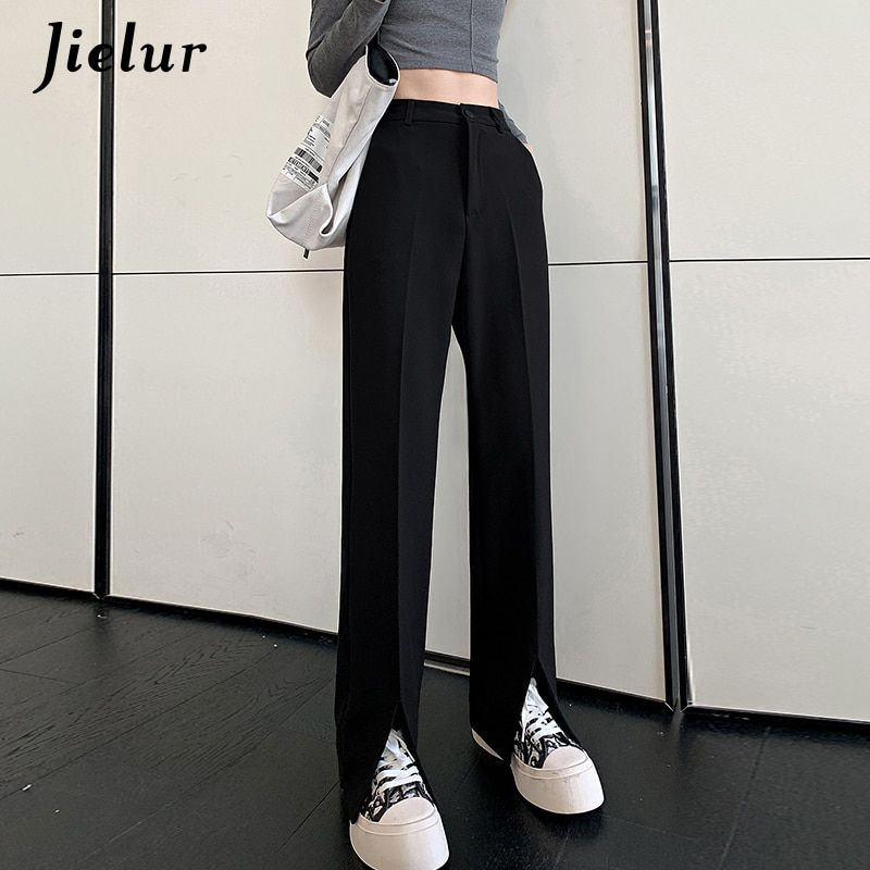 Jielur Fashion Black Trousers Suits Spring XS-2XL High Waist Casual Women's Pants Wide Leg Split Workwear Formal Pants Zipper