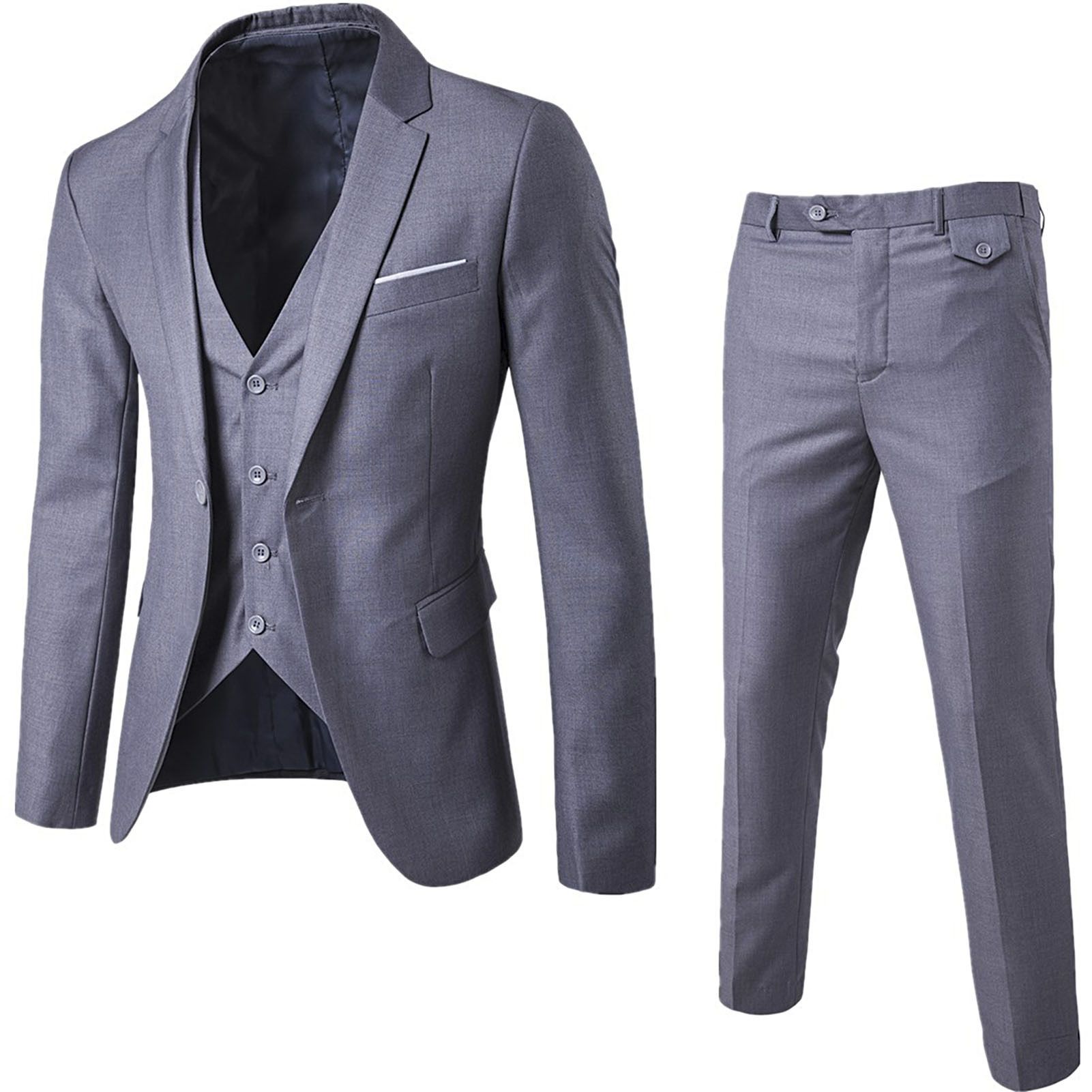 Men Suit Regular Sleeve Pure Color Jacket Zipper Closure Pants