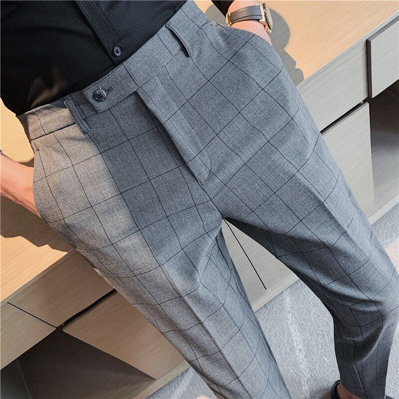 2022 New Plaid Suit Pants High Quality Business Casual Formal Wear Slim Fit Office Trouser Gray/Blue  Fashion Male Clothing