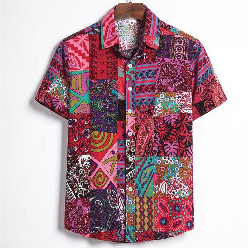 Summer Fashion Casual Men Baggy Beach Hawaiian Print Short Sleeve Button Retro Shirts Tops Blouse Men Shirt 2021 Summer New