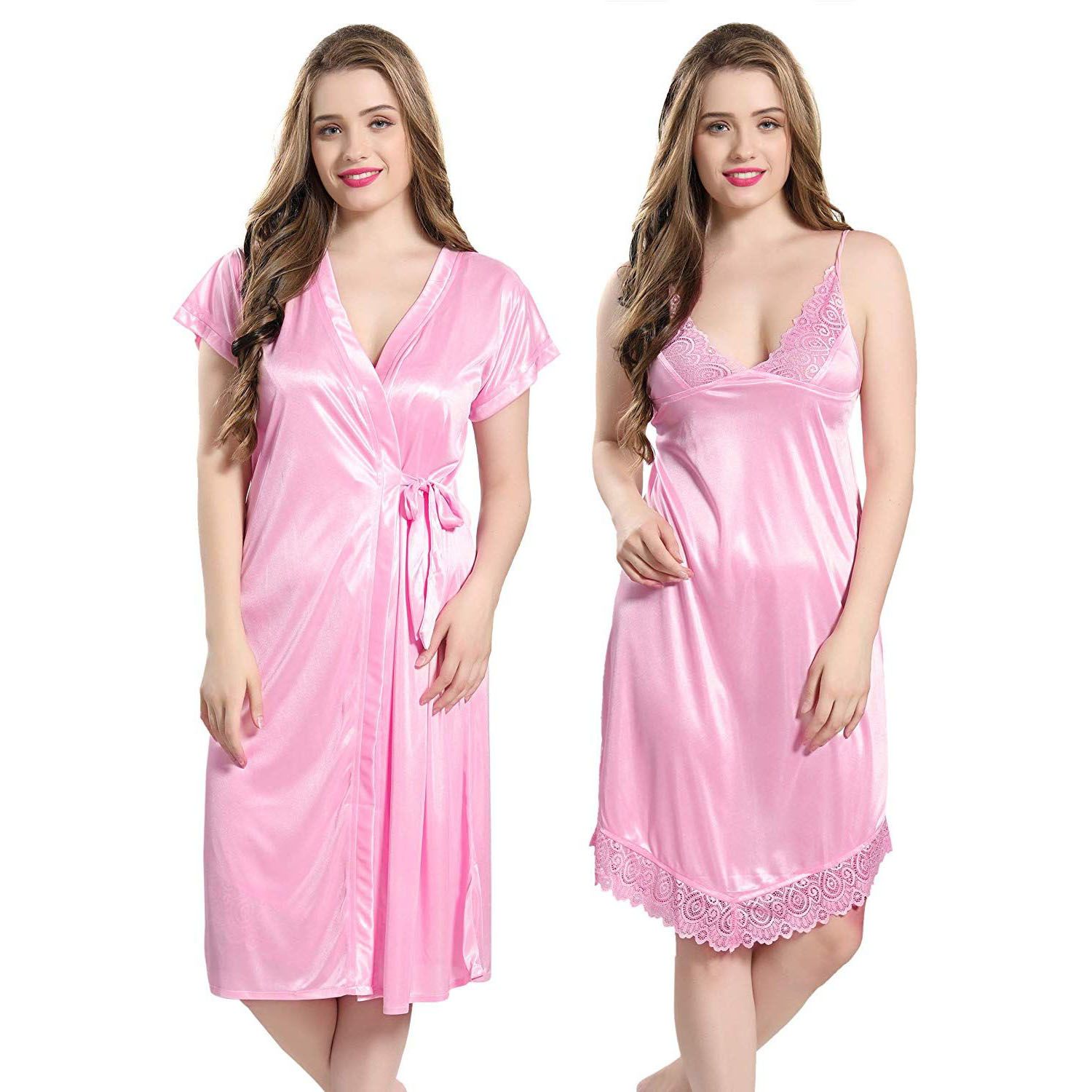 Silk Nighty Two-Part Pink Color For Girls And Women -01 Piece - Night Dress For Women