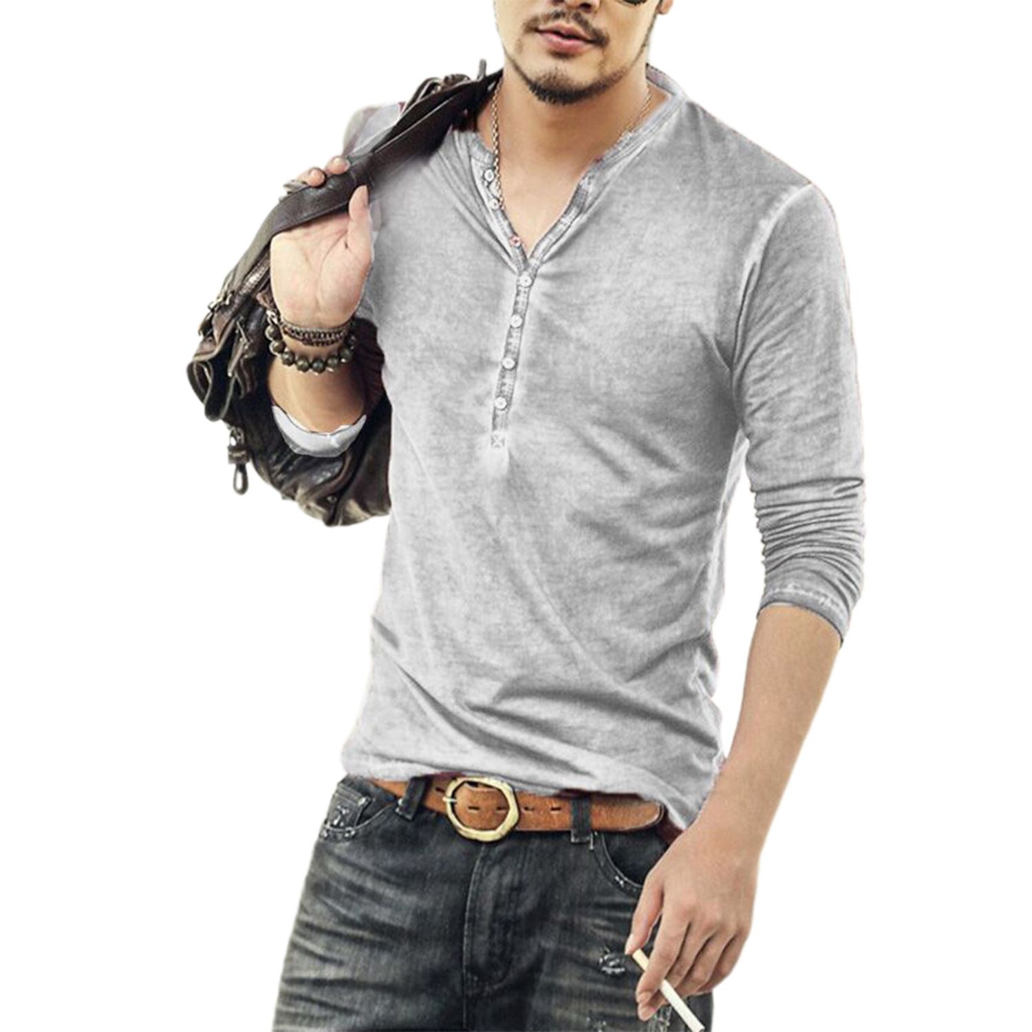 Long Sleeve Men T-shirt Solid Color Casual V Neck Thin Buttons T-shirt Male Clothing