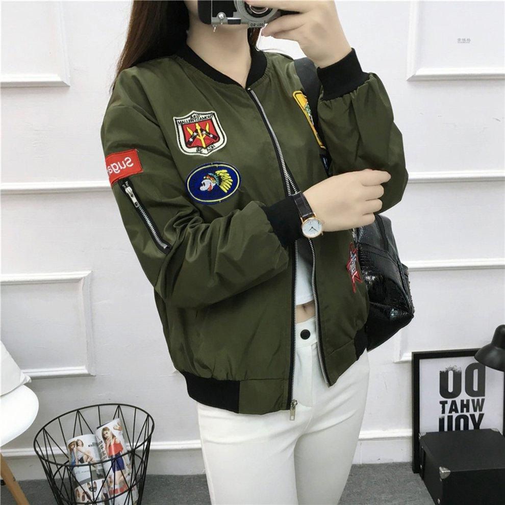 New Badge Jacket Wild Round Neck Casual  Girl's Zipper Loose Love Flying Jackets For Women