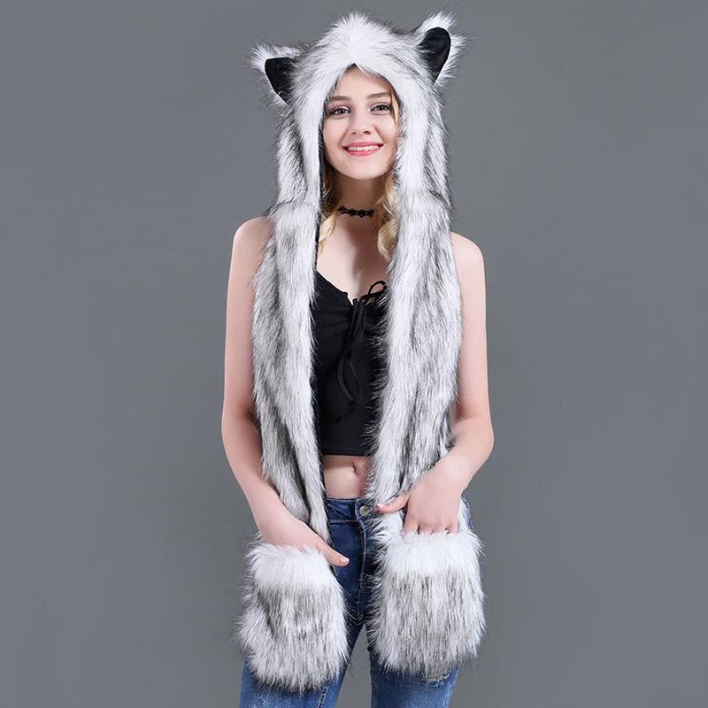 Faux Fur Animal Hat Ear Flaps Hand Pockets 3in1 Animal Fur Hat Wolf Plush Warm Imitation Fur Hats Cap with Scarf Gloves