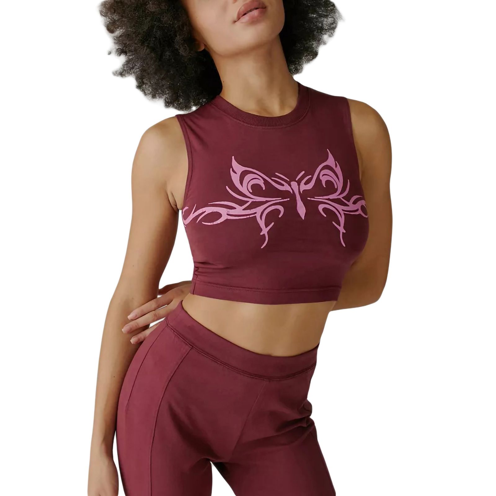 Women Short Tank Tops, Sleeveless Butterfly Pattern Crew Neck Crop Top, Ladies Summer Slim Navel Vest