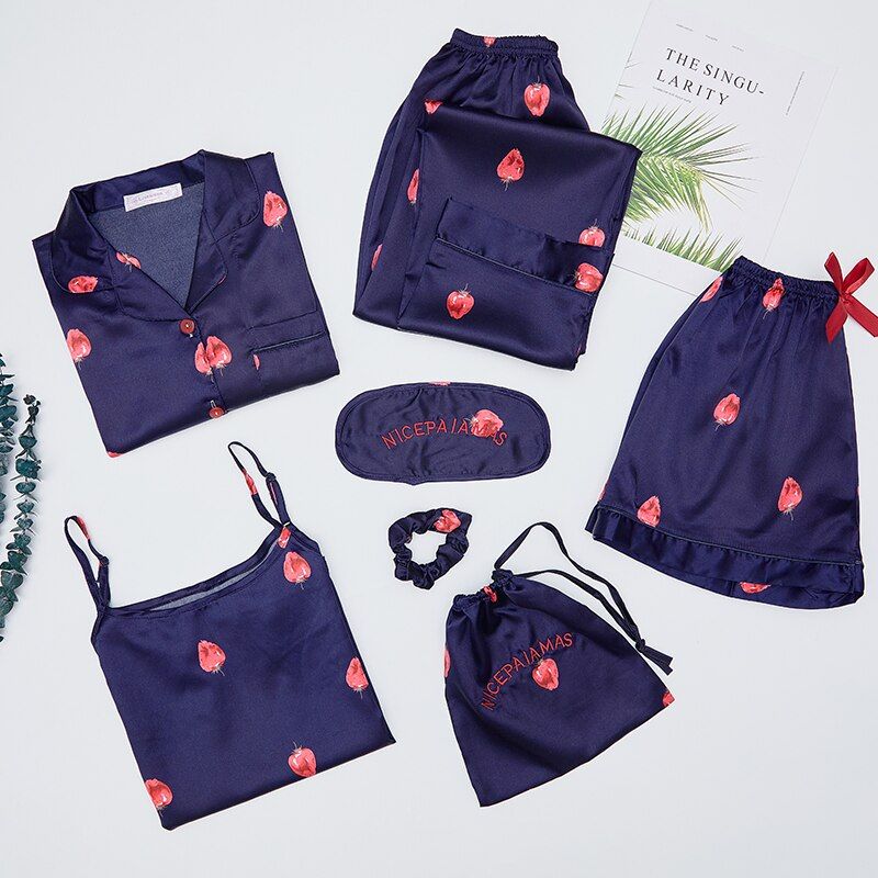 Spring Autumn 7 Pieces Set Women silk Pajamas Long Sleeve solid y pajama set long Pants Full Lounge Sleepwear christmas pj