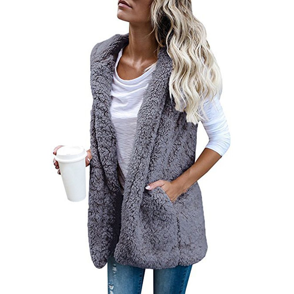 Casual Women Autumn Winter Solid Color Fleece Pockets Hooded Warm Vest Waistcoat