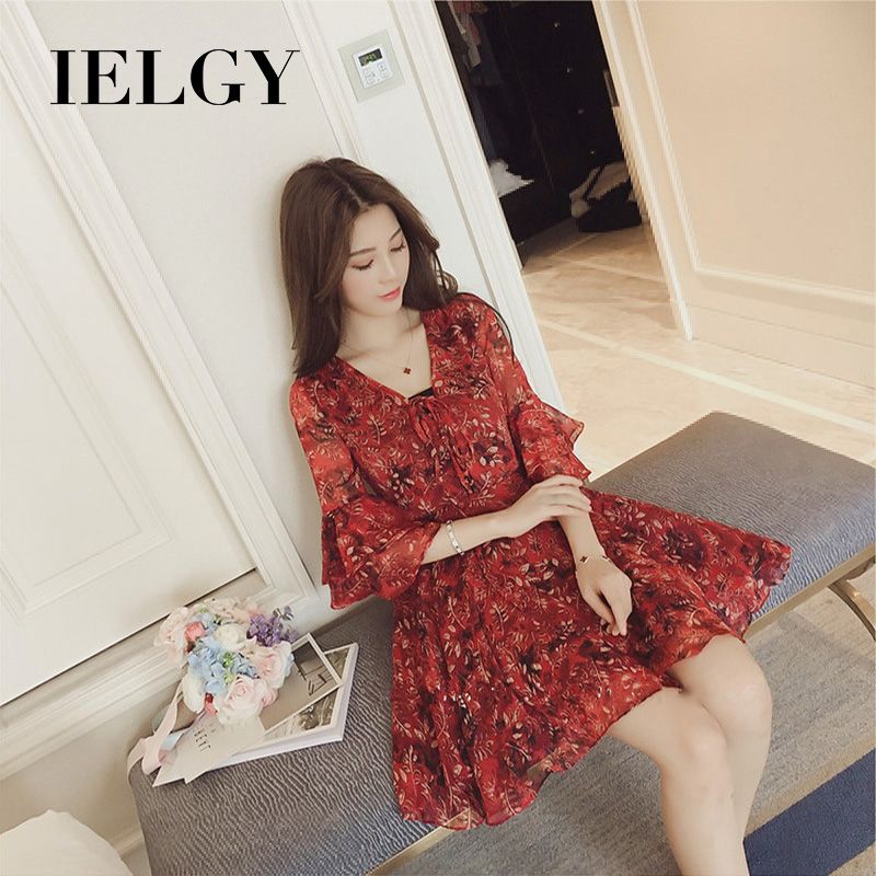 IELGY Floral Dress Fairy Trumpet Sleeve Chiffon Skirt