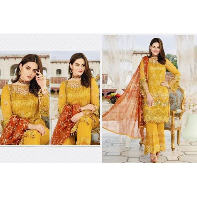 Alita Mart Featuring Exclusive Indian Unstitched Georgette Embroidery Three Piece-Yellow