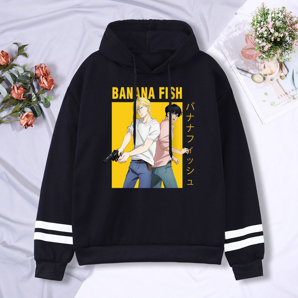 Banana Fish Japanese Cartoon Anime Print Men Hoodie Pocket Warm Hoody O-Neck Loose Hoodies Autumn Fleece Sweatshirt Mens Fashion