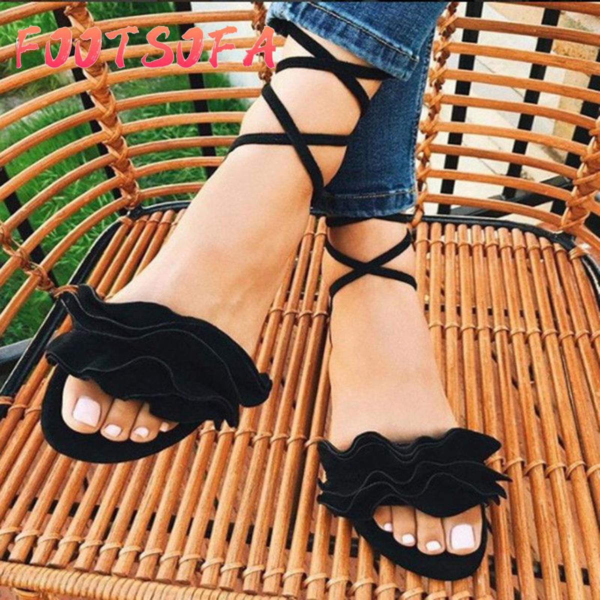 Women Ankle Strap Tassels Tie Up Gladiator Sandals Peep Mules Flat Beach Shoes