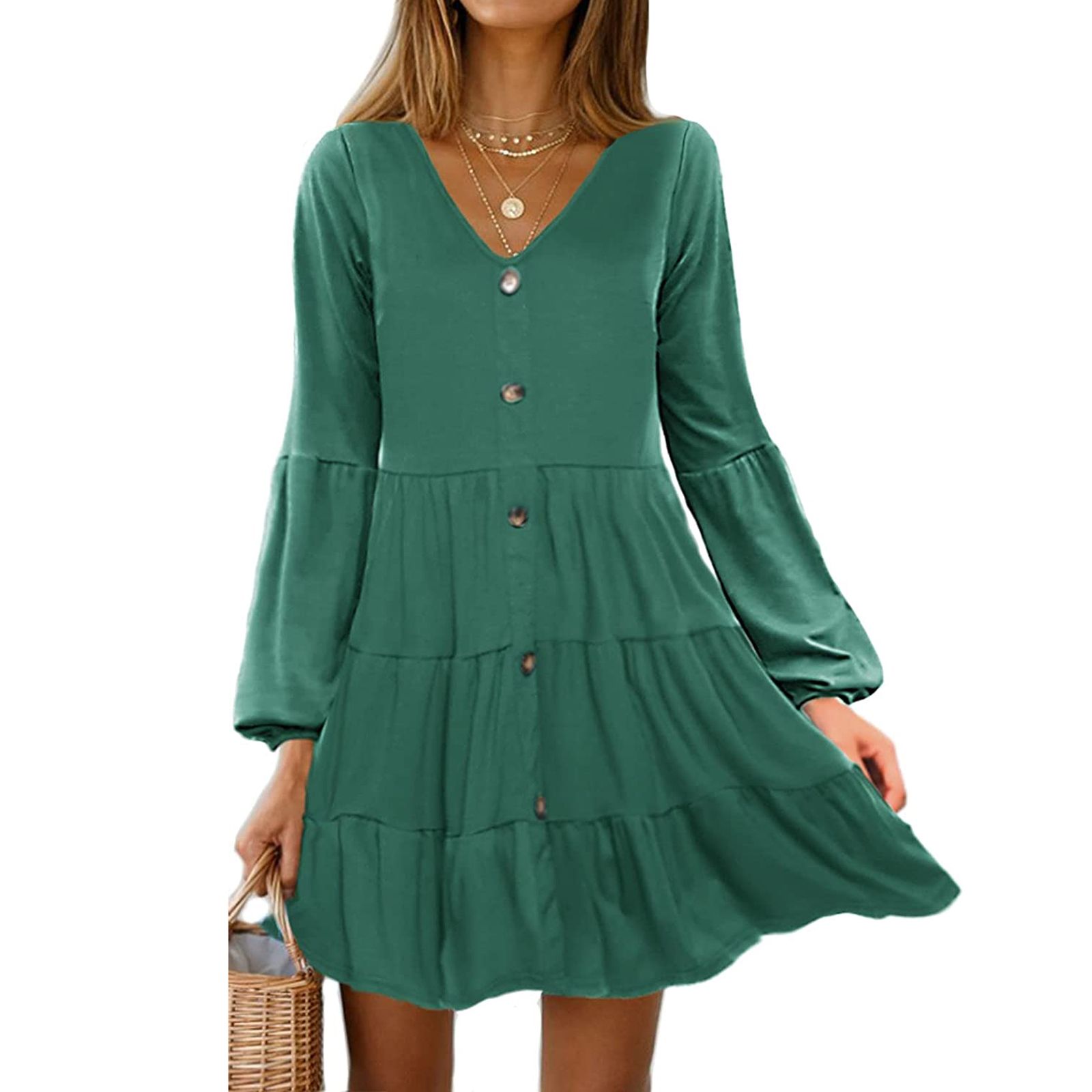 Women's Summer A-line Dress, Puff Long Sleeve V-Neck Button Pleated Loose Solid Color Mini Short Dress