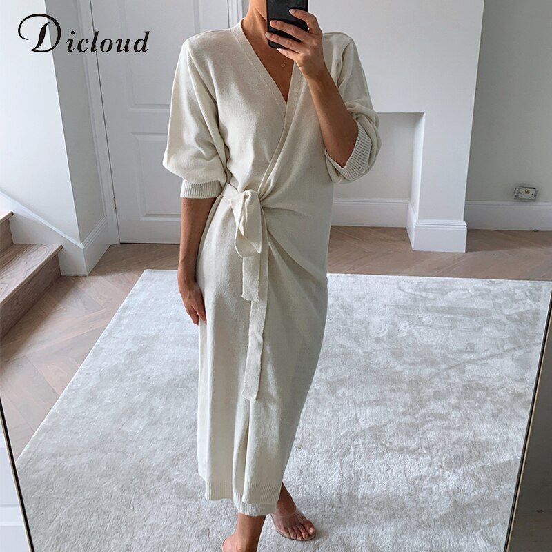 DICLOUD Long Women Knitted Wrap Dress Spring Oversize Elegant Day Midi Dress  V Neck Knitwear Robe 2021 Ladies Clothes