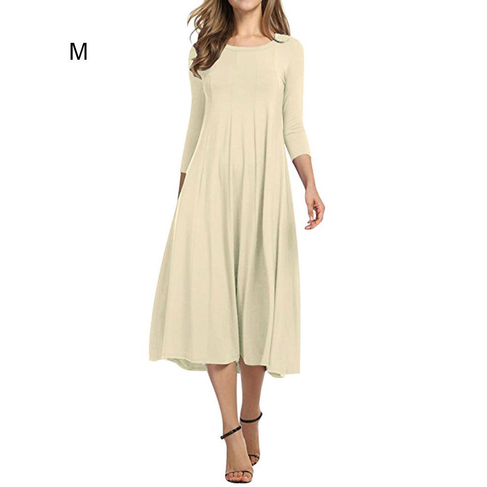 3/4 Sleeve Round Neck Swing Mid-length Dress Round Neck Mid-sleeve Dress