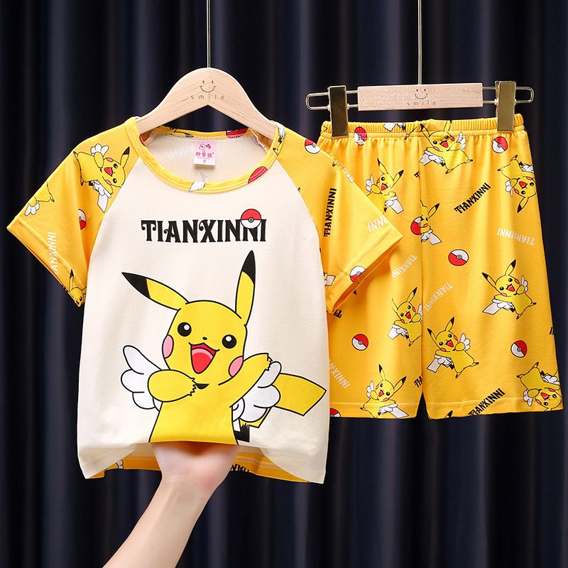SMY (Top + Pant) Summer Baby Kids Boys Pajamas Cute Cartoon Pattern Sleepwear Children's Home Clothes Short-Sleeved Milk Silk