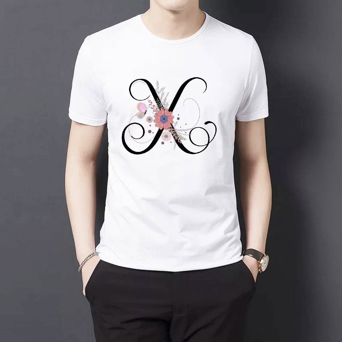 Floral Alphabet Letters White Color T-Shirt  For Men - Tshirt For Men