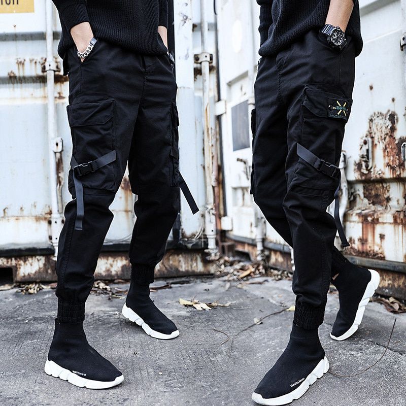 Men's Sideckets Cargo Harem Pants Ribbons Black Hop Casual Male Joggers Trousers Fashion Casual Streetwear Pants