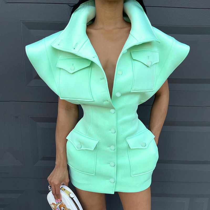 Women Button Down Coat, Fly Sleeve Solid Color Slim Fit Jacket Dress with Flap Pockets