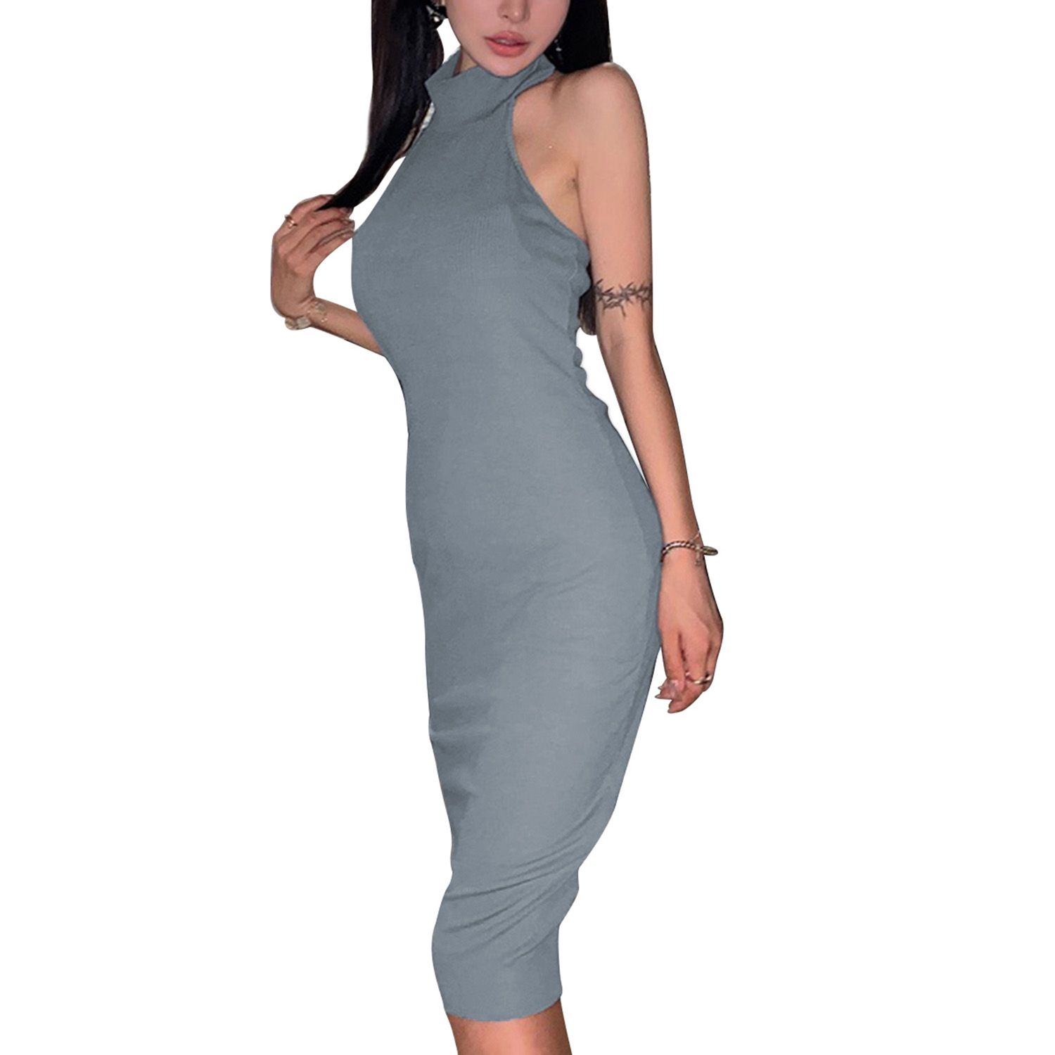 Women  Halter Backless Dress Fashion Sleeveless Solid Color Dress for Women Ladies