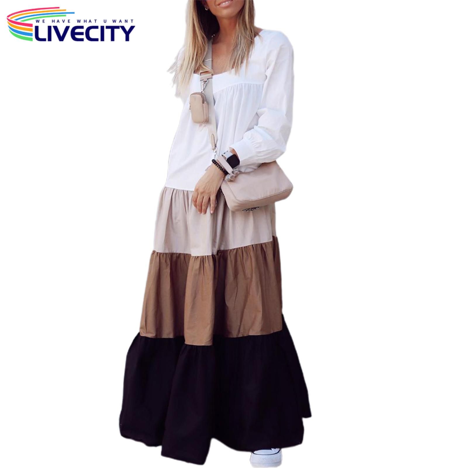 Beh Dress Color Block Contrast Colors Large Hem Long Dress
