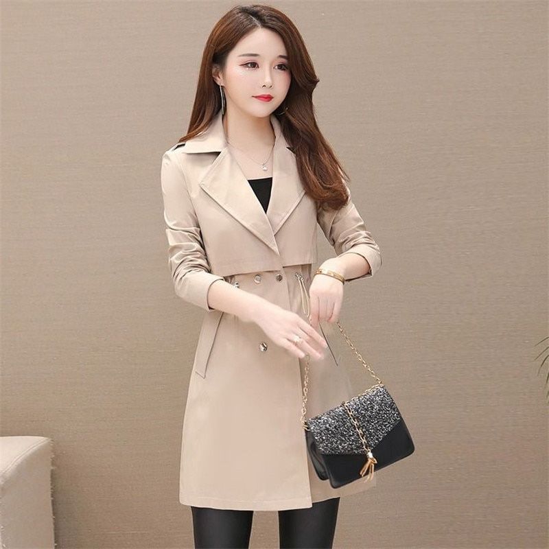 Mid-length Elegant Women's Trench Coat Fashion Suit Collar Korean Long Sleeve Drawstring Windbreaker Female Outwear Pink H131