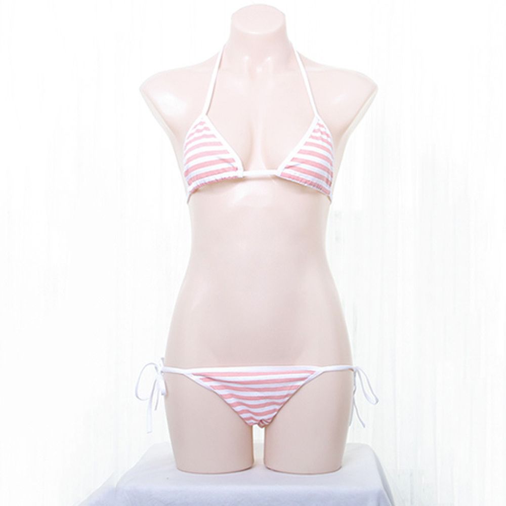 Women  Bikini Triangle Color Stripe Lace Up Bra Panties Briefs Underwear Set