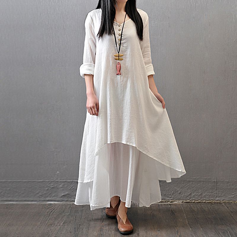 Ladies Autumn Temperament Loose Dress, Girls Ethnic Style Solid Color Fake Two Pieces Long Sleeve V-neck Wide Hemline Long Skirt