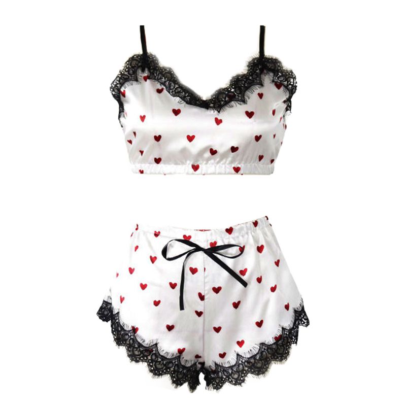 y Lingerie Bra Set Women'S Heart Print Lace Satin Lingerie Pajamas L Size