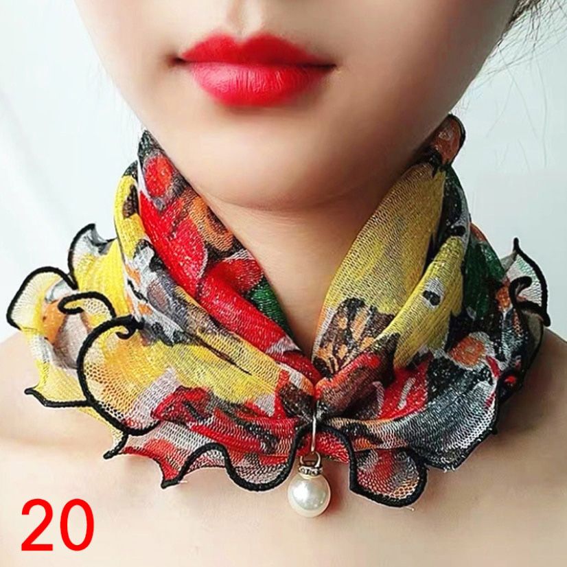 Fashion Lace Variety Scarf Women Pearl Square Scarves for Ladies Beach Necklace Ruffle Elegant Hair Scarf Women Bandana Dress