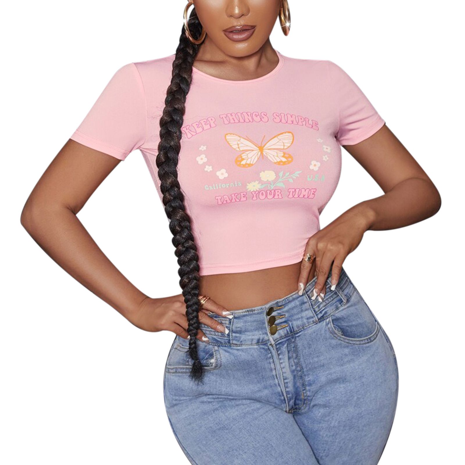 Women Bodycon T-shirt, Pink Letters and Butterfly Print Short Sleeve Round Collar Cropped Tops, S/ M/ L