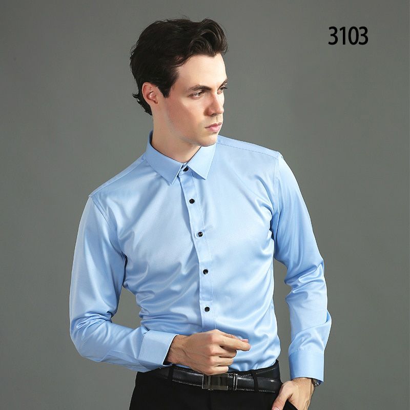 Aoliwen brand Men's stretch long-sleeved dress shirt business casual shirt tencel cotton smooth breathable purple men shirt