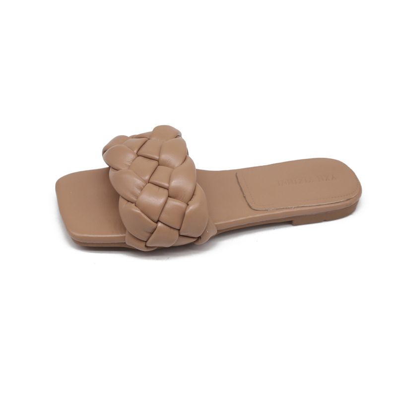 Women's Square Head Knitted Sandals Open Toe Flat Sandals Slippers