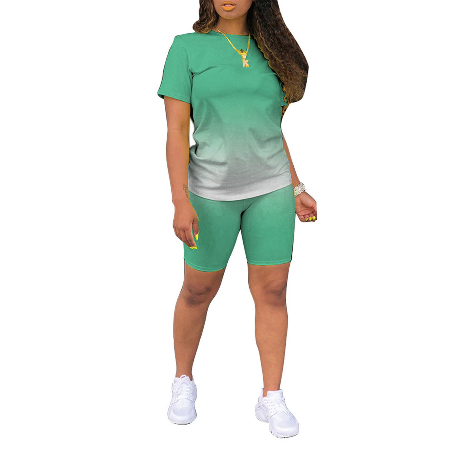 Women’s Short Sleeve T-shirt Shorts Suit Fashion Gradient Solid Color Pullover Top and Tight High-waist Pants
