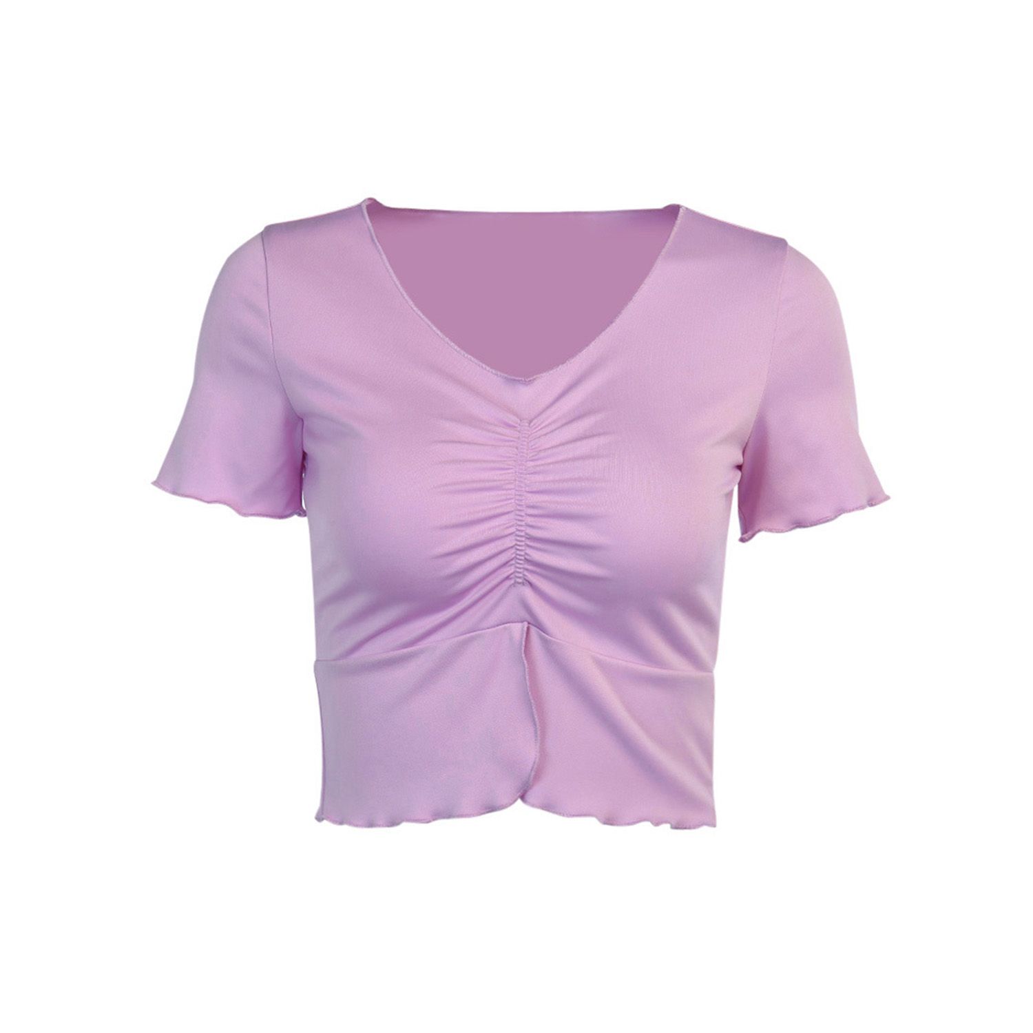 New Women's  Frill Crop Tops, Casual Short Sleeves Front Ruched V Neck Slim Tee Blouse