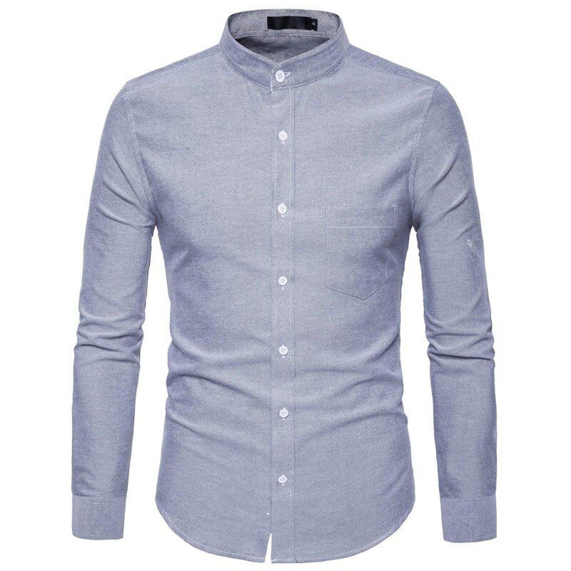 Men's Oxford Slim Fit Dress Shirt Brand Mandarin Collar Long Sleeve Chemise Homme Casual Buisness Office Shirt With Pocket Black
