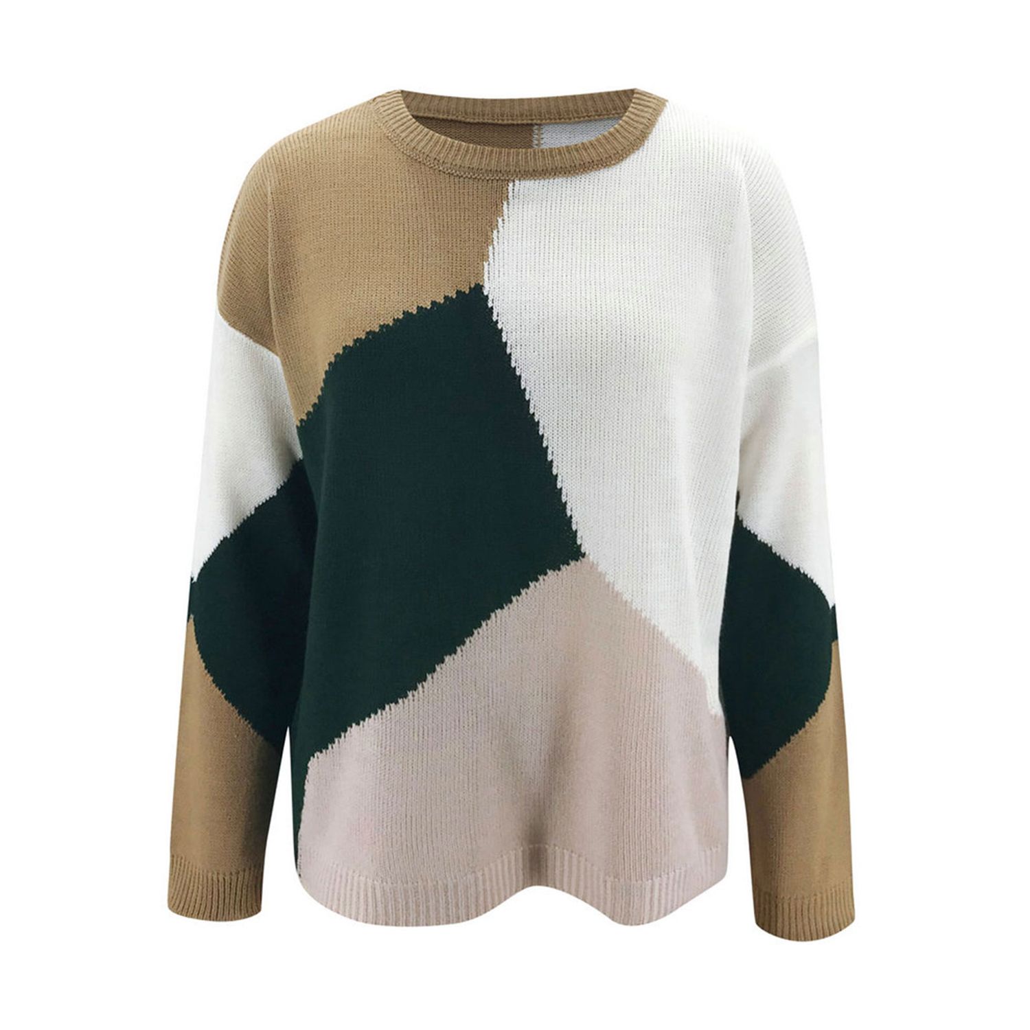 Women Loose Knitted Sweater, Autumn and Winter Long Sleeve Round Neck Color Block Pullover