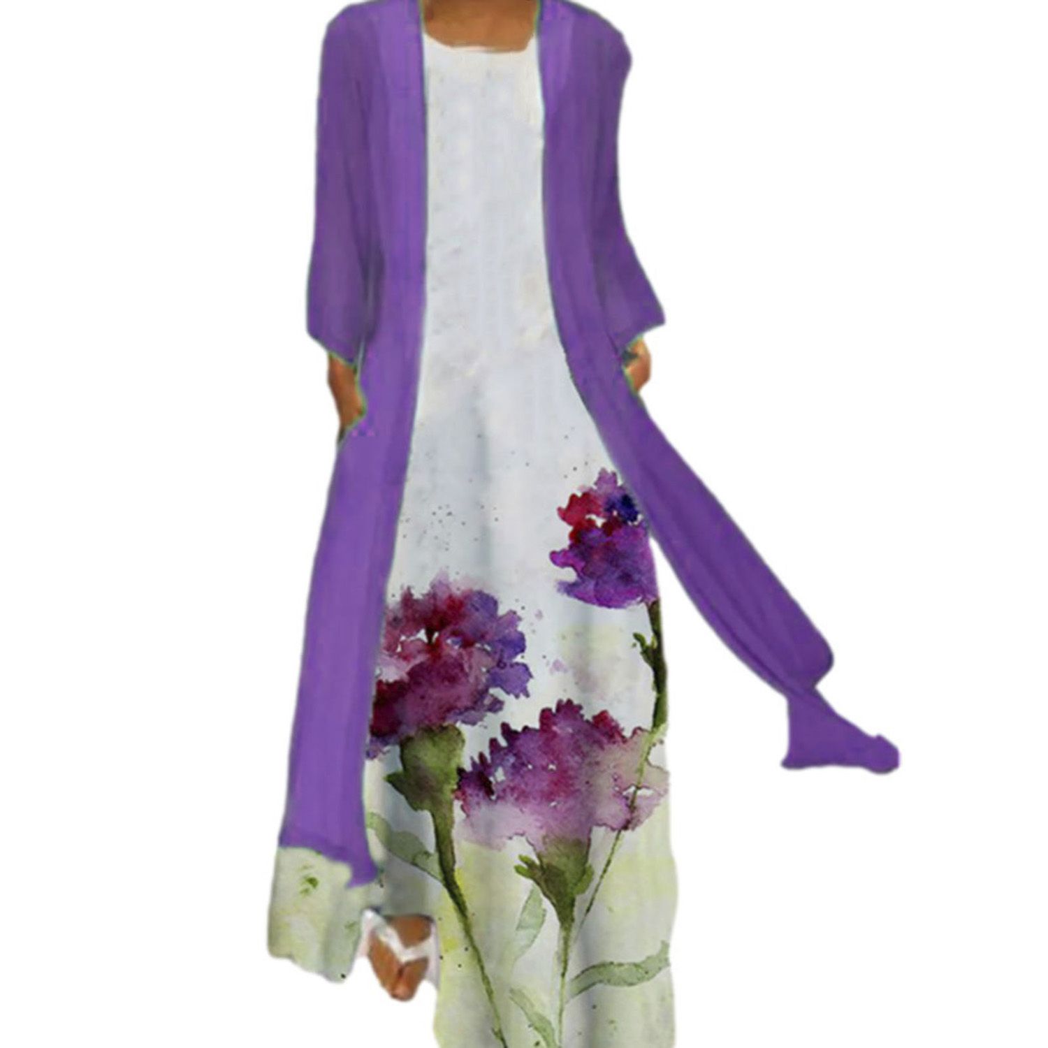 Pullover Dress O-Neck Loose Flower Print Casual Dress Coat Set
