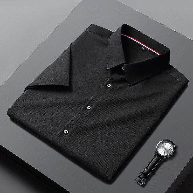 Wrinkle Free Breathable Mens Dress Shirts Bamboo Fiber Short Sleeve Casual Button Up Collared Formal-Shirt Men Blue Slim Fit New